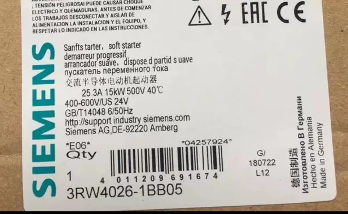 Siemens 3RW4026-1BB05 Soft Starter SIRIUS SOFT STARTER novo, genuíno e direto da fábrica